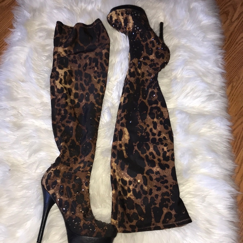 Burlesque Over The Knee Rhinestone Leopard Boots